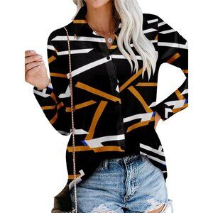 Women's Shirts Casual Loose Long Sleeve Button Down Lightweight Blackorange